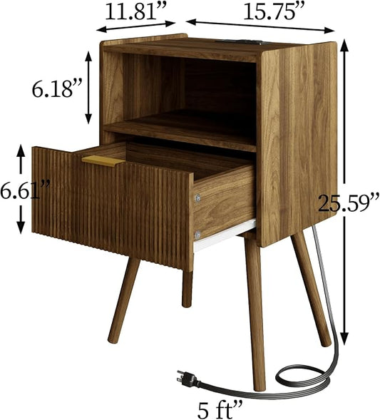 Veegle Nightstand,Modern Bedside Table with Storage Drawer and Open Wood Shelf, Accent Night Stand with Solid Wood Legs for Living Room, Bedroom and Small Spaces,Easy Assembly (Walnut Brown-Outlet)
