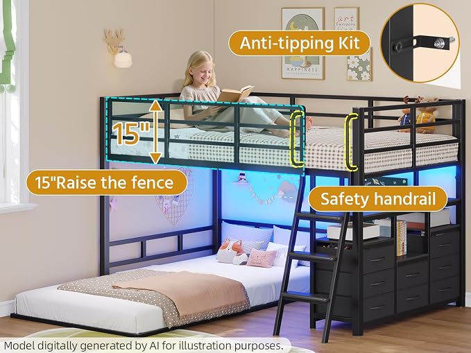 busyaeh Bunk Bed Twin Over Twin,8 Drawers & 4 shelve,15" H Safety Guardrail | Low Bunk Bed with LED Light,Metal L-Shaped Twin Bunk Bed with Charging Station,Floor Bunk Bed with Ladder,Twin bunk bed Black