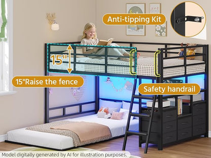 busyaeh Bunk Bed Twin Over Twin,8 Drawers & 4 shelve,15" H Safety Guardrail | Low Bunk Bed with LED Light,Metal L-Shaped Twin Bunk Bed with Charging Station,Floor Bunk Bed with Ladder,Twin bunk bed Black