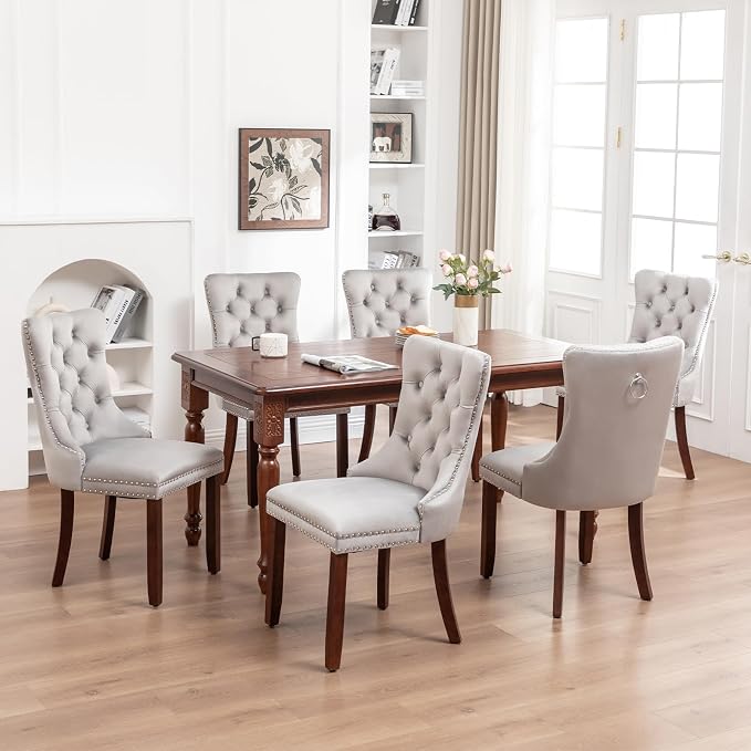 Hixkol Velvet Dining Chairs Set of 6,Upholstered Dining Chairs with Ring Pull Trim and Button Back,Modern Seating for Kitchen, Dining Room & Living Room(Light Gray)