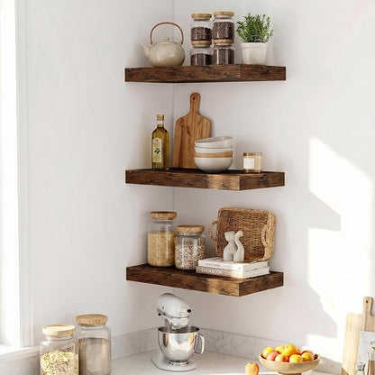 Fun Memories Wood Floating Shelves 20 Inch, 10 Inch Deep Shelves Wall Mount, Wall Shelves with Invisible Bracket, 20" Floating Shelves for Living Room Bathroom Bedroom, Rustic Brown, Set of 3