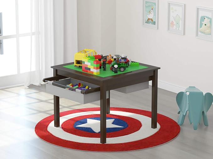 UTEX 2 in 1 Kids Construction Play Table with Storage Drawers and Built in Plate (Espresso with Grey Drwaer)