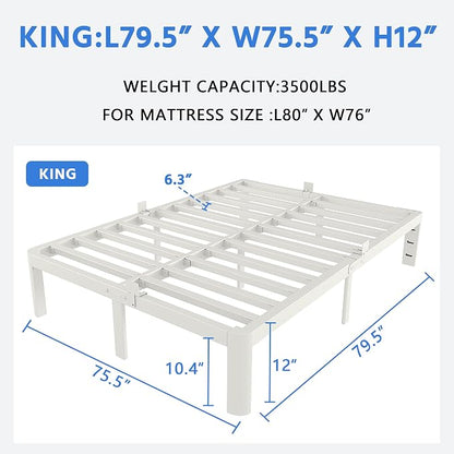 White King Size Bed Frame 12 Inch, Metal Camas King Bed Frame No Box Spring Needed, Heavy Duty Steel Support 3500 LBS, DIY Headboard, Noiseless, Round Corner Legs, Storage Space, Easy Assembly