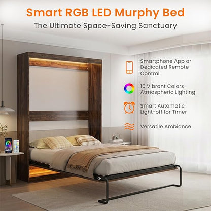 CECER Full Vertical Murphy Wall Bed，Space Saving for Offices/Guest-Brown | Durable Gas-Lift for smooth folding，16 Color Controllable LED Lights，Sturdy frame ＆ Easy Assemble