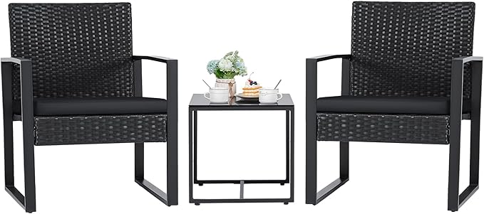 Flamaker 3 Pieces Outdoor Patio Wicker Furniture Set, Modern Rattan Chair Conversation Sets with Coffee Table for Yard and Bistro (Black)