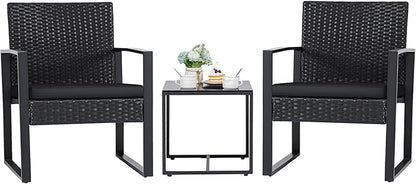 Flamaker 3 Pieces Outdoor Patio Wicker Furniture Set, Modern Rattan Chair Conversation Sets with Coffee Table for Yard and Bistro (Black)