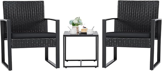 Flamaker 3 Pieces Outdoor Patio Wicker Furniture Set, Modern Rattan Chair Conversation Sets with Coffee Table for Yard and Bistro (Black)