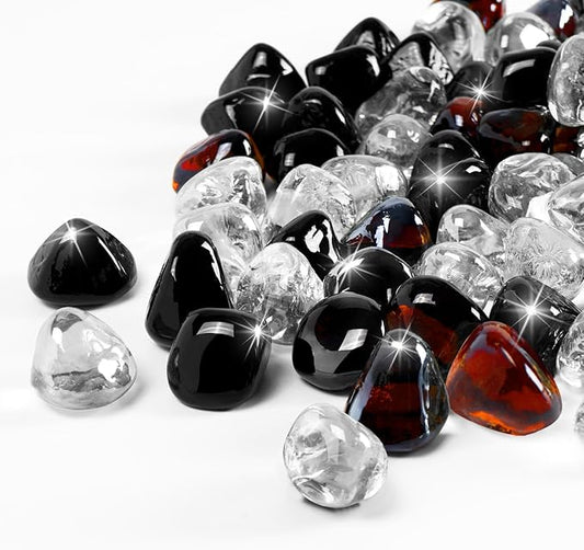Blended Fire Glass Diamonds for Propane Firepit, Fireplace and Outdoor Decorative, 1 Inch Firepit Glass 20LB (Crystal Ice +Onyx Black + Amber)