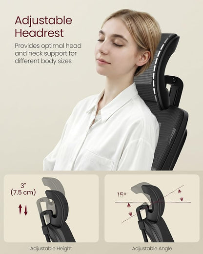 VASAGLE Ergonomic Mesh Office Chairs with Adjustable Lumbar Support and Headrest, 90-105° Tilt Function, Wide Seat, Flip‑Up Armrests, Computer Desk Chairs for Home Office, Set of 2, Ink Black