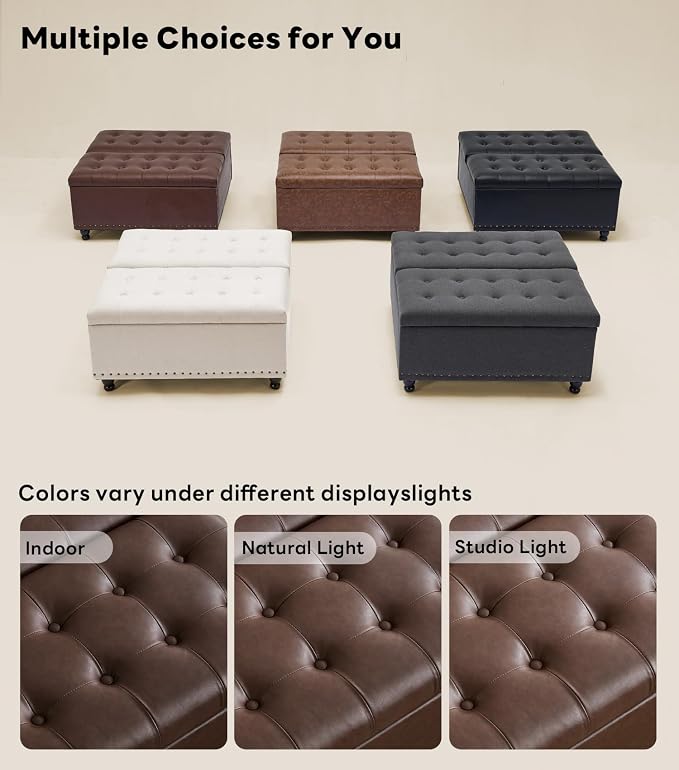 Tbfit Large Square Storage Ottoman Bench, Tufted Upholstered Coffee Table Ottoman with Lift Top & Solid Wood Legs, Oversized Storage Ottomans Toy Box for Living Room (Dark Brown)