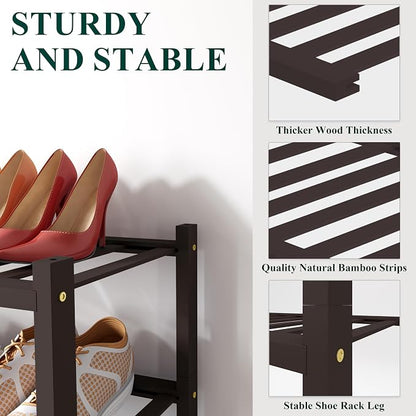 Smiry Small Bamboo Shoe Rack, 3 Tier Free Standing Wooden Shoe Organizer, Stackable Wood Shoe Storage Shelf for Closet, Entryway, 12 Vertical Slats, 2+1 Stack Standard Legs, 17.3"x11"x19.5", Brown