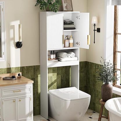 VINGLI Over The Toilet Storage Cabinet White, Modern Bathroom Organizer with Fluted Doors, Freestanding Wooden Space Saver Stand with Adjustable Bottom Bar for Laundry, Gold Handles