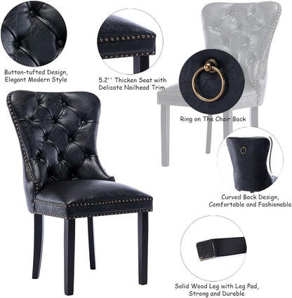 CIMOTA Black Leather Dining Chairs Set of 2 Mid Century Modern Dining Room Chairs Tufted Upholstered Kitchen Dining Chairs Comfortable Side Chairs with Nailhead Trim/Ring Back (PU /2PCS)