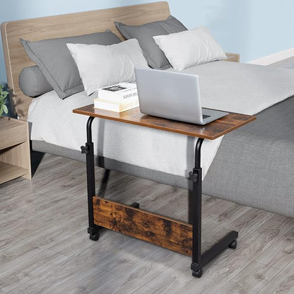 TV Tray Bed Side Table, Portable Rolling Desk Hospital Bed Laptop Table, Small Standing Desk with Wheels Adjustable Height for Sofa, Bedside, Tablet Use, Secure Non Tilt, 31.5" W, Brown