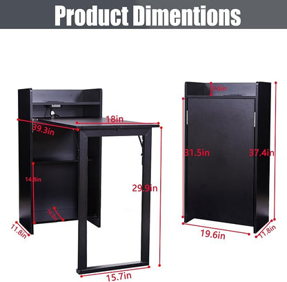 Fold Out Desk with Storage and Built-in Outlet, Mid Century Foldable Desk for Small Spaces, Hidden Folding Table for Home Office or Bedroom (Black)