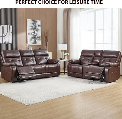 CANMOV Genuine Leather Power Reclining Sofa Set, Power Recliner Sofa and Loveseat Set, 2 Pieces Leather Couch with Storage Console, USB Ports, Cup Holders for Living Room,Dark Brown