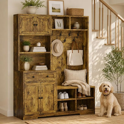 Einhomn 5-in-1 Hall Tree with Bench and Shoe Storage, 51" W Entryway Organizer Coat Rack with 9 Hooks, 4 Storage Cabinets, Drawer, Open Cubbies for Mudroom, Hallway, Living Room, Rustic Brown