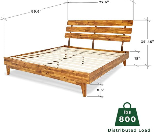 Bme Caden 15 Inch Deluxe Bed Frame with Adjustable Headboard - Mid Century, Retro Style with Acacia Wood - No Box Spring Needed - 12 Strong Wood Slat Support - Easy Assembly - Caramel, King