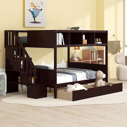 MERITLINE Twin Over Full Bunk Bed with Stairs, Storage Shelves and Drawers, Solid Wood Bunk Bed Frame with Storage, for Teens Adults (Espresso)