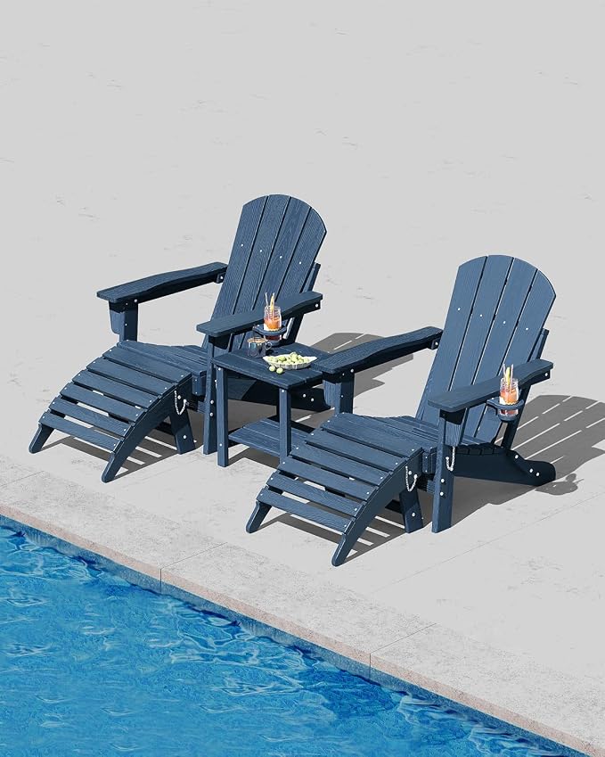 GarveeLife Folding Adirondack Chair Set of 4 with Ottoman, All-Weather HDPE Outdoor Chair, Wooden Textured with Cup Holder for patios, Decks, Gardens, fire pits, Navy Blue