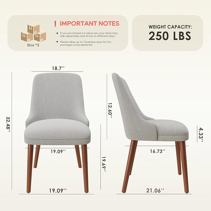 MALOL Upholstered Dining Chairs Set of 6, High-Back Dining Room Chair with Wood Legs, Padded Kitchen Chairs for Dining Room/Restaurant/Cafe, Light Grey