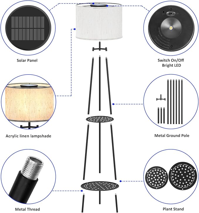 Solar Outdoor Floor Lamp with Plant Shelves, Waterproof Solar Standing Lamp for Patio Porch Garden Yard, Auto On/Off Warm LED Floor Light with 2-Tier Plant Stand, Cordless Outdoor Decor Lighting