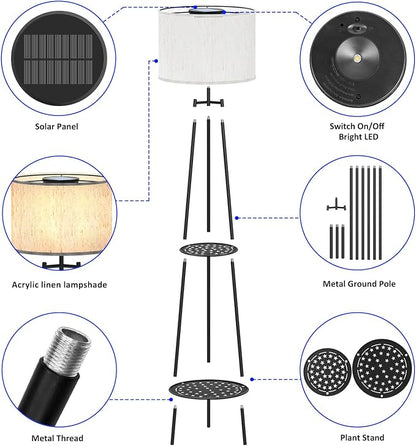 Solar Outdoor Floor Lamp with Plant Shelves, Waterproof Solar Standing Lamp for Patio Porch Garden Yard, Auto On/Off Warm LED Floor Light with 2-Tier Plant Stand, Cordless Outdoor Decor Lighting