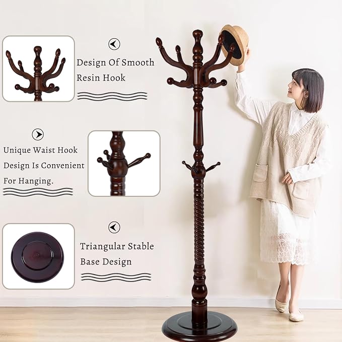 Wooden Coat Rack Freestanding, Hall Tree Hanger With Resin Hooks, Adjustable Heavy Duty Coat Rack for Hanging Clothes Bags Hats in Living Room Bedroom (coat rack, Round Base-Antique Color)