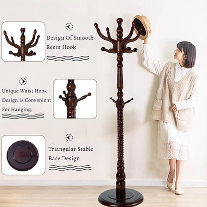 Wooden Coat Rack Freestanding, Hall Tree Hanger With Resin Hooks, Adjustable Heavy Duty Coat Rack for Hanging Clothes Bags Hats in Living Room Bedroom (coat rack, Round Base-Antique Color)
