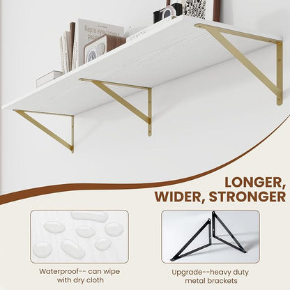 Heimlove Deep Floating Shelves for Wall, 48W x 12D Wood Wall Shelves Set of 2, Wide Floating Bookshelf for Living Room, Kitchen, Office, Bedroom and Decor Storage, with Golden Bracket - White & Gold