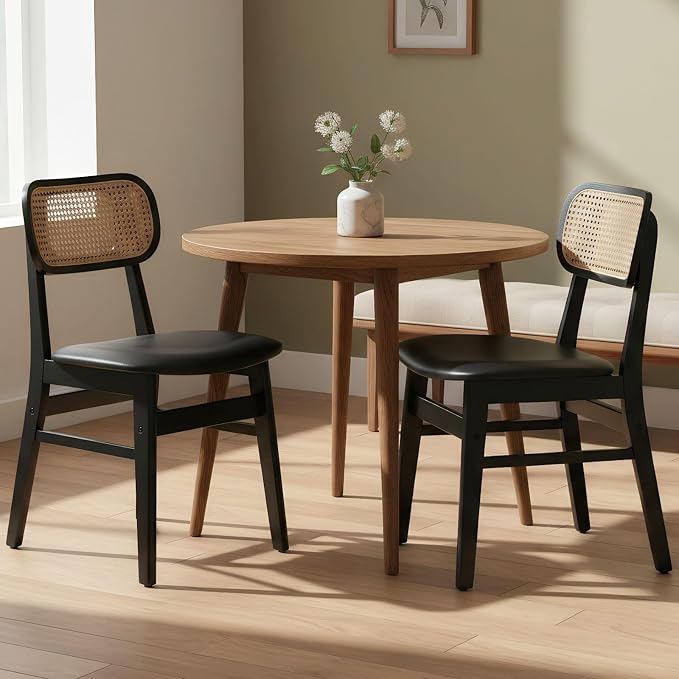 ROCITY Black Dining Chairs Set of 2 Faux Leather Dining Room Chairs with Rattan Back Farmhouse Kitchen Chairs Wooden Side Chairs