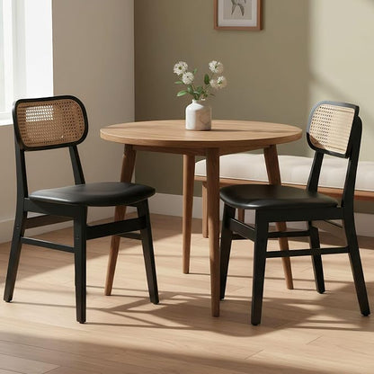 ROCITY Black Dining Chairs Set of 2 Faux Leather Dining Room Chairs with Rattan Back Farmhouse Kitchen Chairs Wooden Side Chairs
