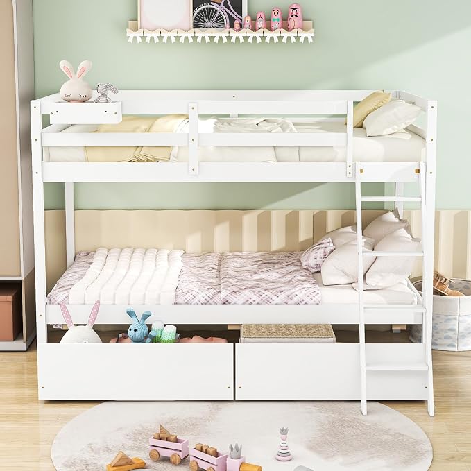 KOMFOTT Twin Over Twin Bunk Bed with 2 Roll-Out Drawers, Wood Bunk Bed Frame with Removable Storage Box, Bunk Bed with Ladder & Safety Guardrail for Dorm Apartment Home, No Box Spring Needed (White)