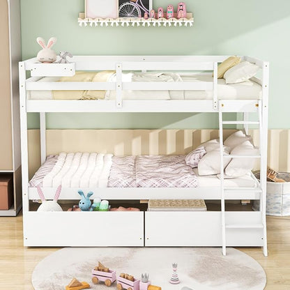 KOMFOTT Twin Over Twin Bunk Bed with 2 Roll-Out Drawers, Wood Bunk Bed Frame with Removable Storage Box, Bunk Bed with Ladder & Safety Guardrail for Dorm Apartment Home, No Box Spring Needed (White)