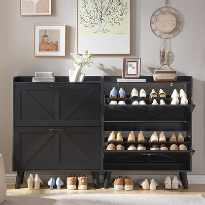 LEYAOYAO Shoe Cabinet Storage for Entryway with 2 Flip Drawers Rack Narrow Organizer Slim Hidden Wood Shoe Cabinet Furniture Black