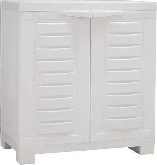 Sunnydaze 25.5" H Resin Garage Storage Cabinet - Garage Cabinet with Doors - Freestanding Utility Storage for Laundry Room, Office, Basement - Speckled White
