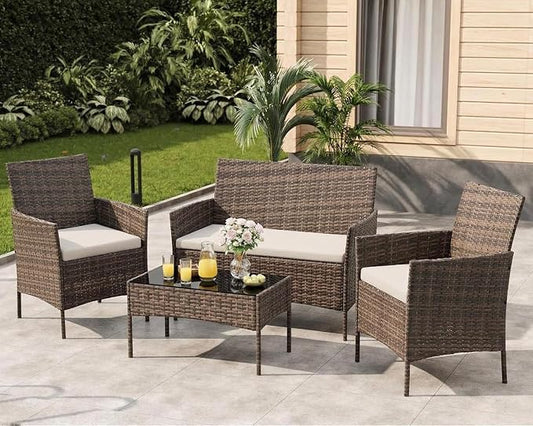 Outdoor Patio Furniture Set, 4-Piece PE Rattan Wicker Chair Set with Cushions and Tempered Glass Table for Backyard, Porch, Garden, Poolside, Balcony, Brown/Beige
