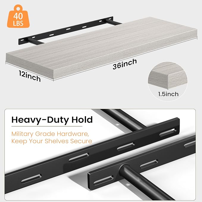 Fun Memories Floating Shelves - 2 Pack 12 Inch Rustic Wooden Wall Shelves - Extra Deeper & Thicker Wall Mounted Storage Shelf for Living Room, Kitchen, Farmhouse - 36" W x 12" D x 1.8" H - Grey
