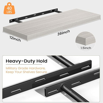 Fun Memories Floating Shelves - 2 Pack 12 Inch Rustic Wooden Wall Shelves - Extra Deeper & Thicker Wall Mounted Storage Shelf for Living Room, Kitchen, Farmhouse - 36" W x 12" D x 1.8" H - Grey