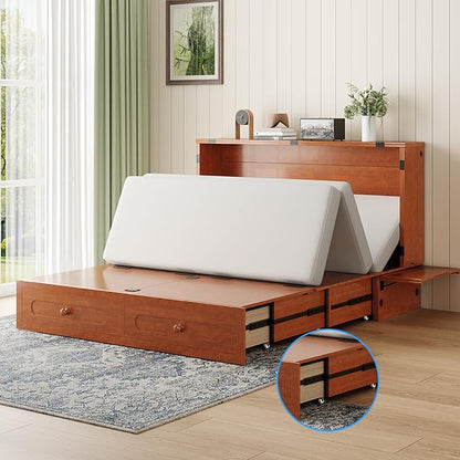 PUREMIND Queen Murphy Bed, Solid Wood Folding Convertible Bed, Hideaway Cabinet Bed with Storage Drawer & USB Charging Station, Space Saving Wallbed for Small Spaces, No Mattress Included, Cherry