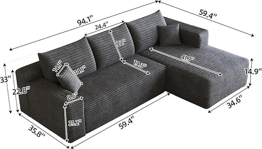 JINGLING 94" L Shape Couch with Right Chaise, Memory Foam Boneless Sectional Sofa in a Box, No Assembly Modular Small Couches for Small Spaces, Living Room, Apartments, Plush Corduroy, Dark Grey