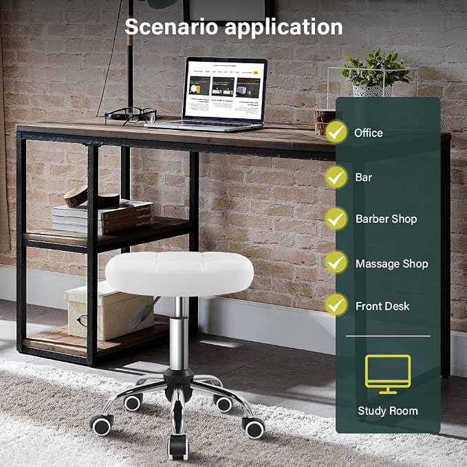 BFTOU White 6-Square Lattice PU Swivel Stool with Wheel for Work SPA Shop Massage Height-Adjustable and Cost-Effective Rolling Stool Chair