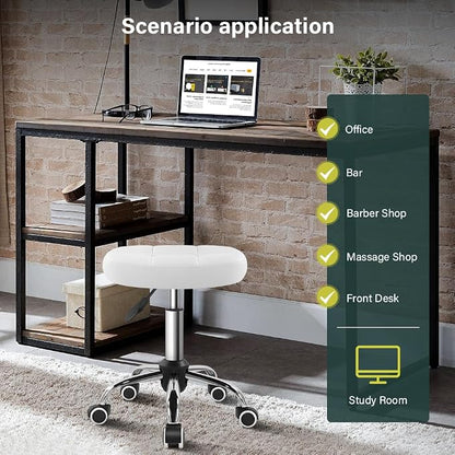 BFTOU White 6-Square Lattice PU Swivel Stool with Wheel for Work SPA Shop Massage Height-Adjustable and Cost-Effective Rolling Stool Chair