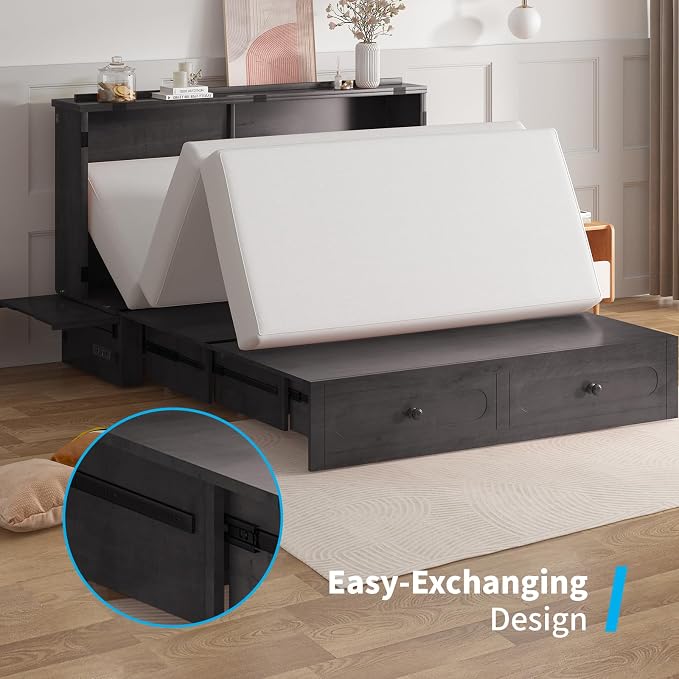 Mjkone Queen Murphy Bed Cabinet with Tri-Fold Mattress Included, Drawers, USB Charging Station, Modern Versatile Wood Chest Cabinet Wall Bed, Wooden Guest Beds for Bedroom Home Apartment, Dark Grey