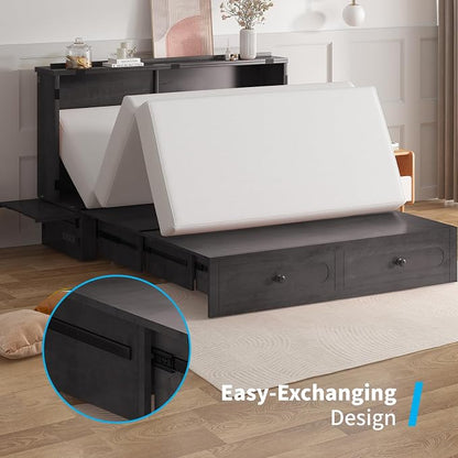 Mjkone Queen Murphy Bed Cabinet with Tri-Fold Mattress Included, Drawers, USB Charging Station, Modern Versatile Wood Chest Cabinet Wall Bed, Wooden Guest Beds for Bedroom Home Apartment, Dark Grey