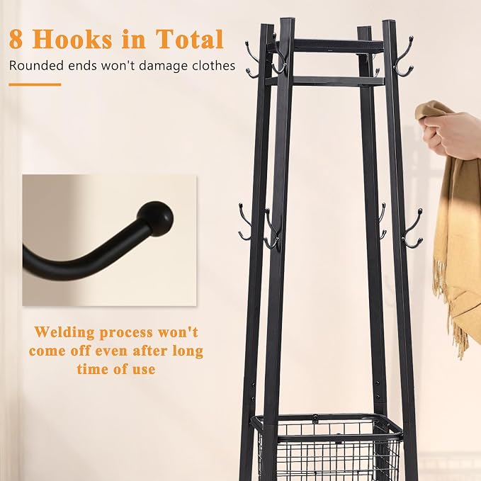 VECELO Coat Rack Freestanding,Hall Tree with Metal Basket and Storage Shelves,Industrial Coat Rack Stand with 8 Hooks for Hanging Coats/Hats/Bags/Umbrellas,18 x 18 x 72 In,Matte Black
