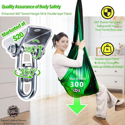 Sensory Swing for Kids & Adults Holds up to 300lbs Indoor & Outdoor Double Layer Therapy Cuddle Swing with 360° Swivel Hanger Kit for Calming, Effect for Autism, ADHD or SPD. (Aurora Green)