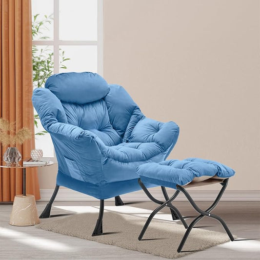 Youtanic Lazy Chair with Folding Ottoman, Accent Chair Velvet Upholstered with Metal Structure and Non-Slip Pads, Sofa Armchair with Footrest and Side Storage Bag for Dorm, Room, Office, Light Blue