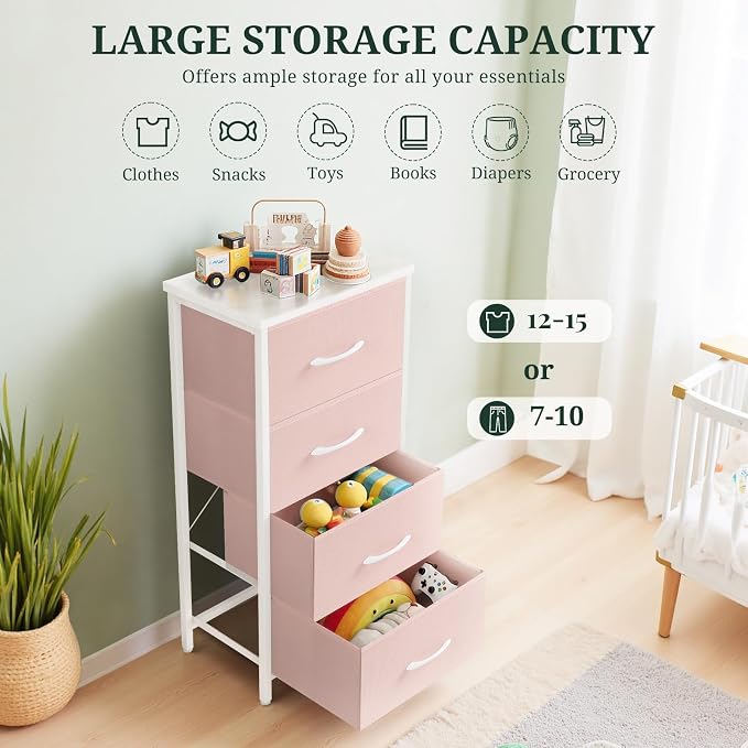 4 Drawers Dresser for Bedroom, Fabric Storage Tower Organizer with Wooden Top and Steel Frame, Tall Chest of Drawers for Closet, Entryway, Dorm, Pink