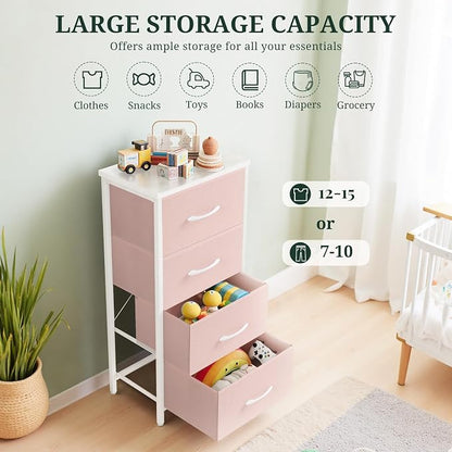 4 Drawers Dresser for Bedroom, Fabric Storage Tower Organizer with Wooden Top and Steel Frame, Tall Chest of Drawers for Closet, Entryway, Dorm, Pink